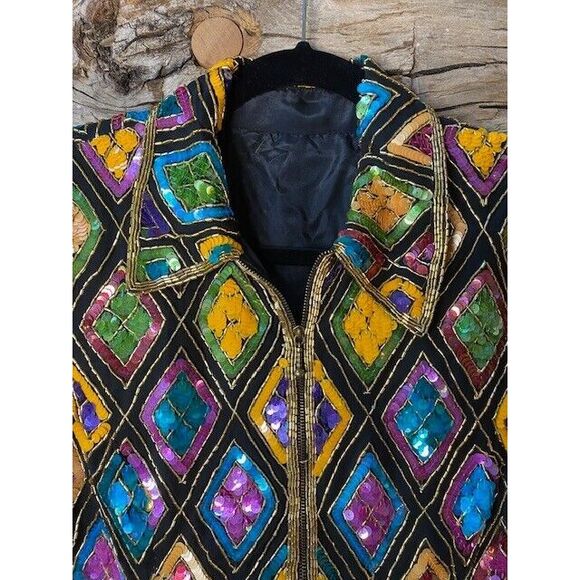 New Original VTG Medium Mary McFadden Multicolor Silk Chiffon Sequined Jacket - Picture 2 of 16